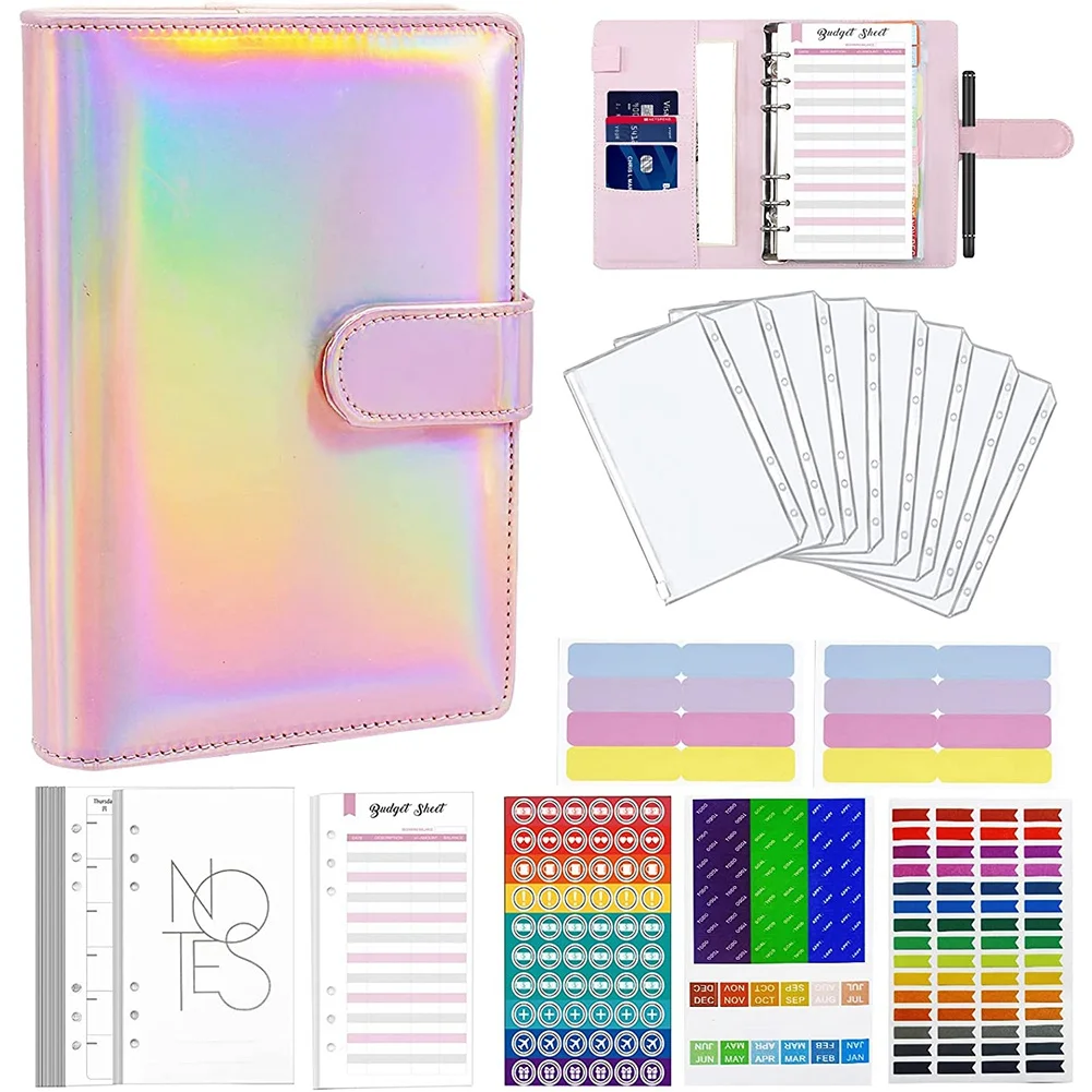 Budget Binder A6 Ring Binder Notebook with Clear Cash Envelope for Cash Stuffing Money Organiser with Label Stickers A