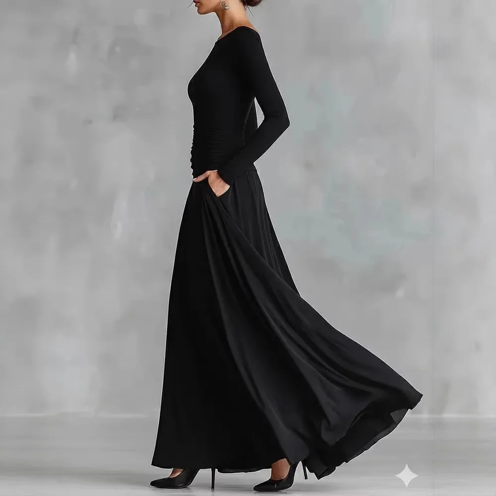 

Black Long Sleeve Simple Holiday Party Dress Women Spring O Neck Elegant Maxi Dress Pocket Ruched Slim Fit Ladies Dress