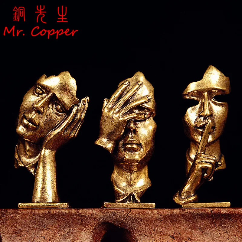 3 Styles Brass Abstract Figure Sculpture Figurine Miniature Desktop Ornament Retro Metal Model Crafts Home Decorations Accessory