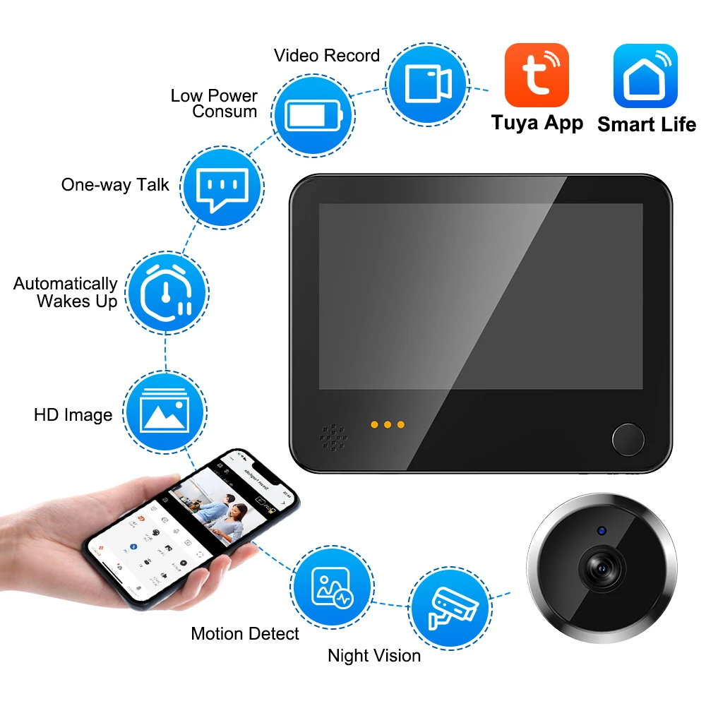 Awapow 4.3inch Tuya Wireless Video Doorbell WiFi Surveillance Camera Visual Intercom Digital Door Camera PIR Motion Detection