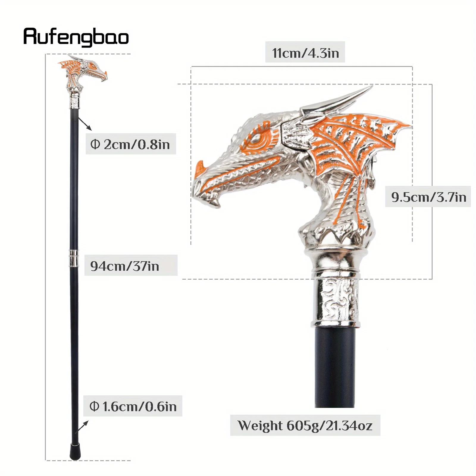 Orange White Luxury Dragon Head Cane Fashion Stick Gentleman Elegant Cosplay Cane Knob Crosier Performance Stage Cane 94cm