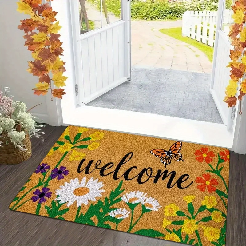 Small Daisy Printed Welcome Mat, Made of Flannel Material, Soft, Comfortable, Machine Washable, Suitable for Doorways, Bathrooms, Laundry Rooms, Foot Mats