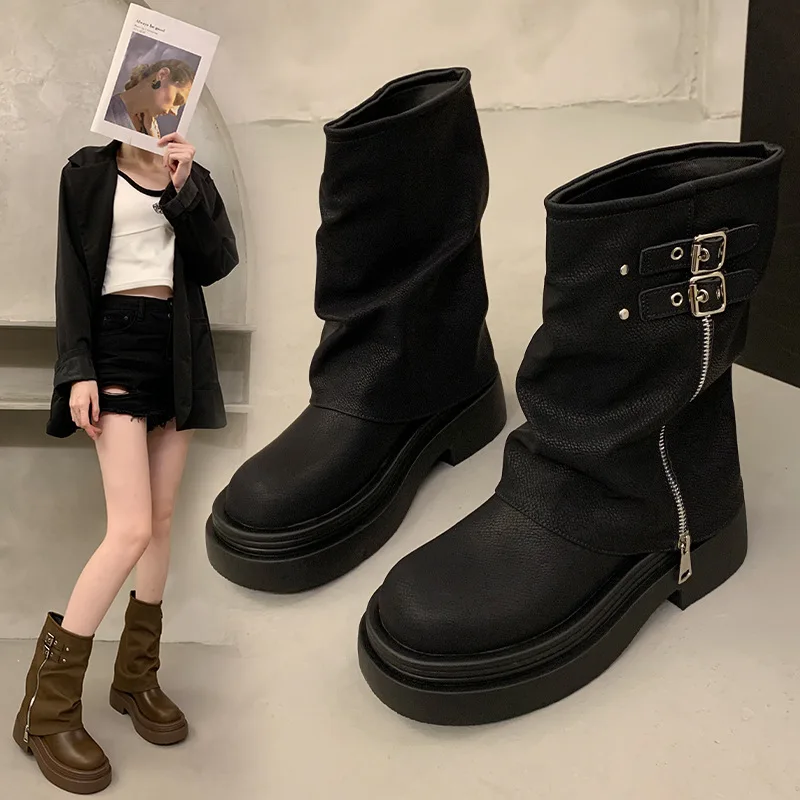 

Petite Retro British Style Thick-Soled Mid-Calf Boots for Women Autumn Slimming Hot-Selling Stacked Short Boots