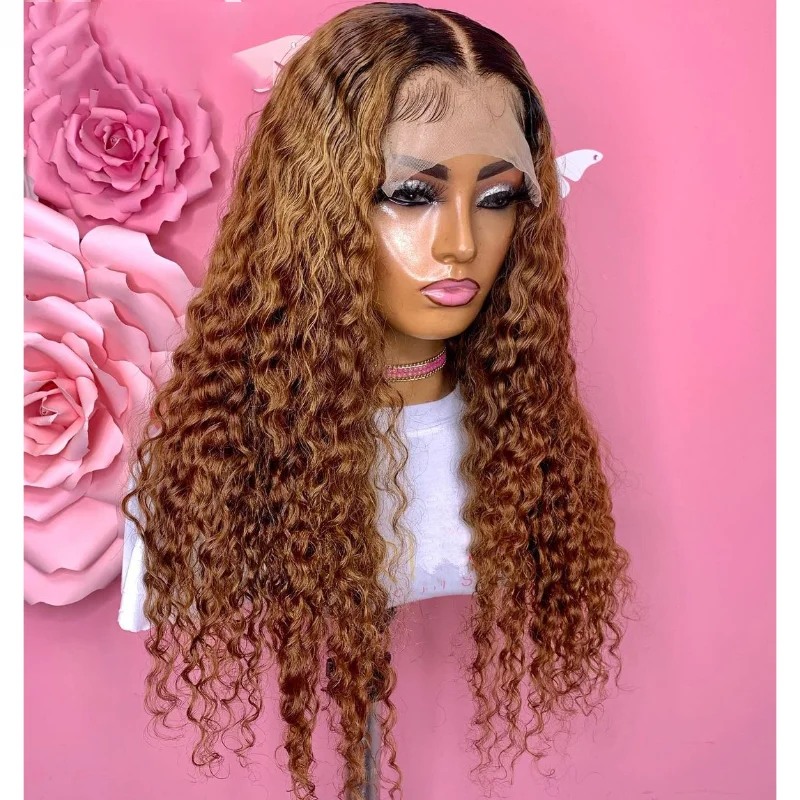 Soft 26Inch Long 180Density Kinky Curly Ombre Blonde Deep Lace Front Wig For Women Babyhair Glueless Preplucked Daily