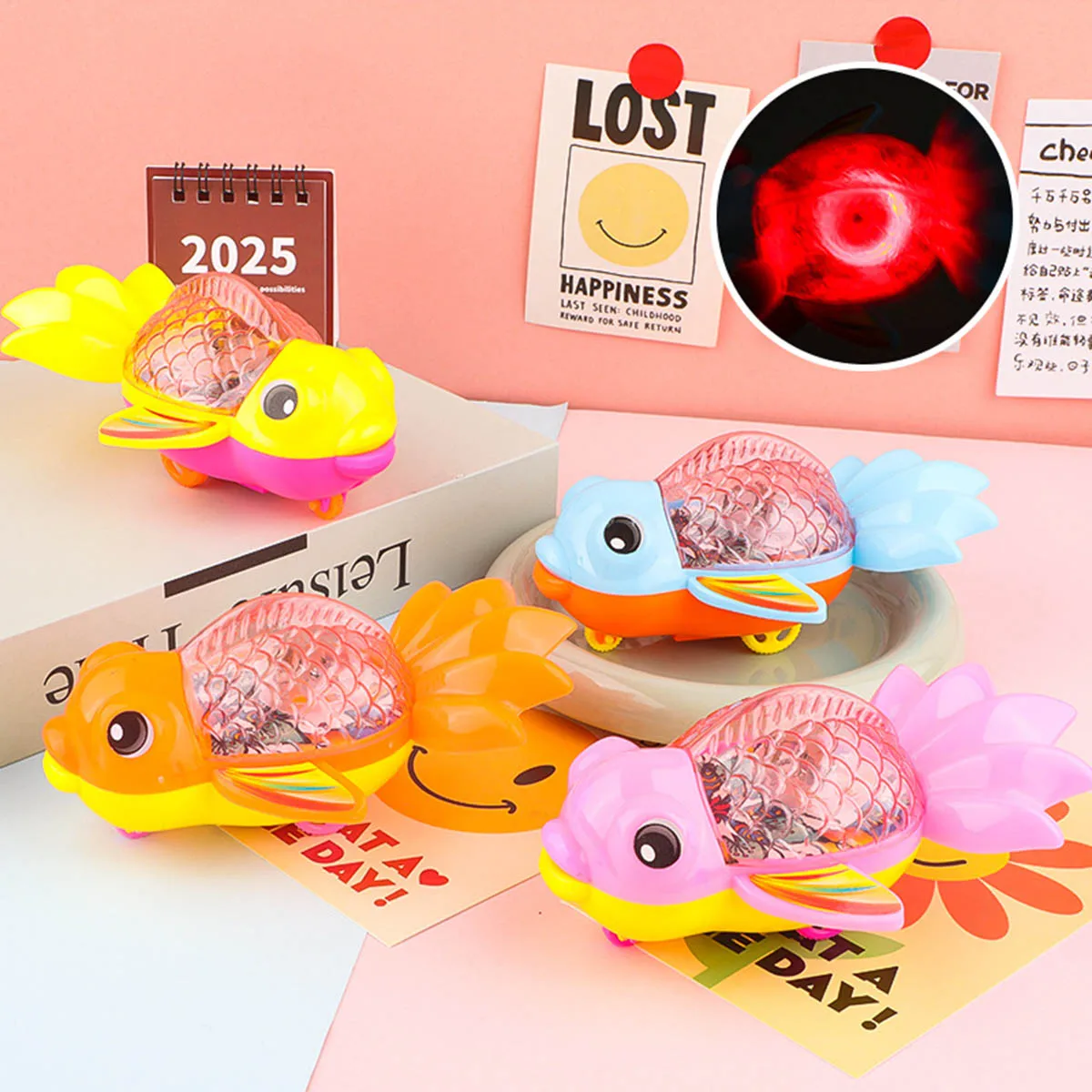 Children Pull String Glowing Goldfish Toys Funny Childhood Nostalgia Pull String Glowing Cartoon Goldfish Pull Back Car Toy