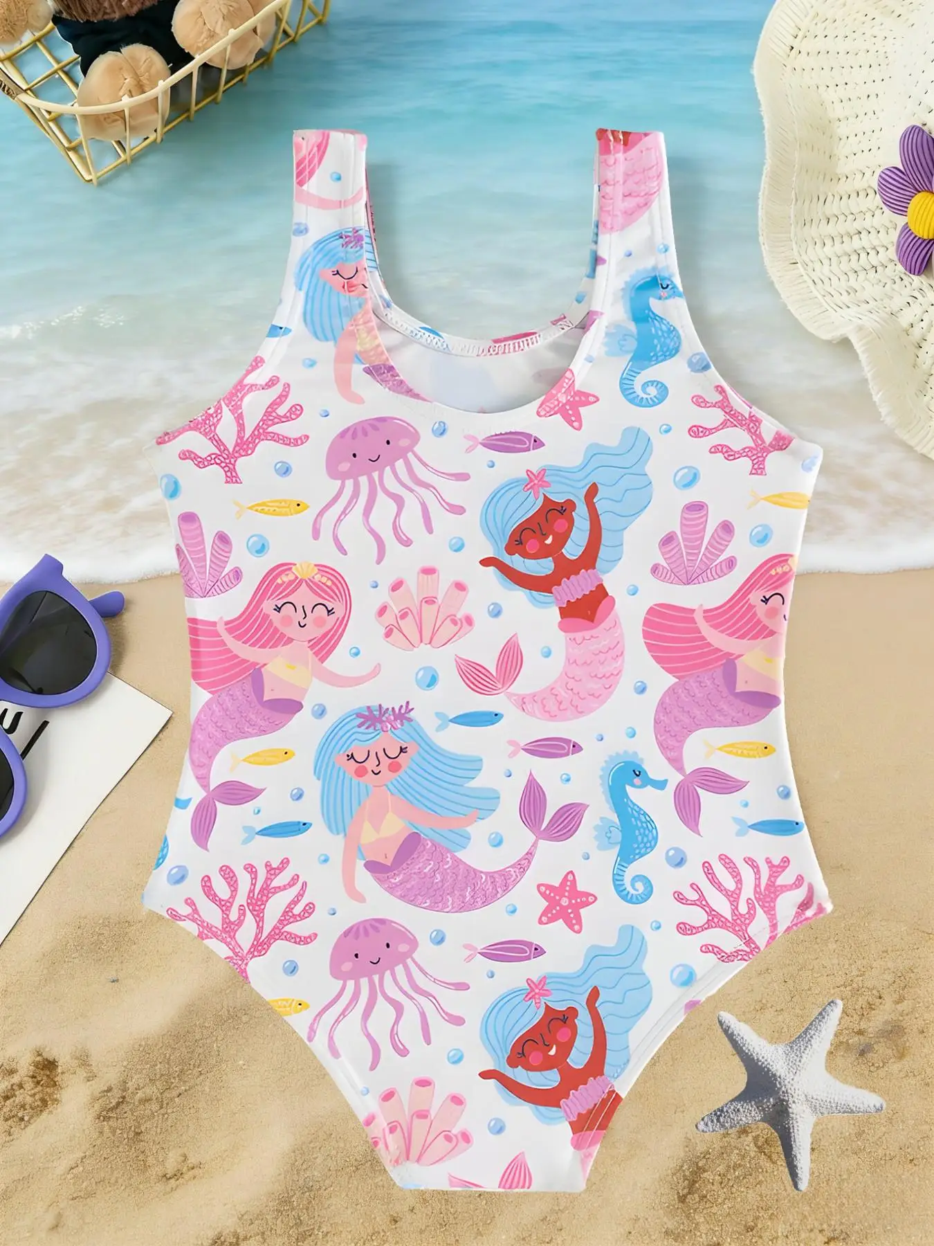 Girls' Summer Casual Swimwear, Children's Printed One-Piece Swimsuit, Mermaid Plant Print Tank Top One-Piece Swimsuit Suitable for Girls over 3 Years Old, Beachwear