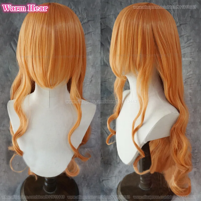 Perruque de Cosplay Anime Nami pour Femme Adulte, Orange, Longue, Ondulée, Cheveux à Degré de Chaleur, Costumes d'Halloween, Bonnet, 75cm