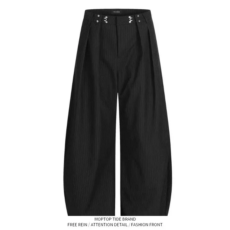Retro American Folded Design Men's And Women's Spring Autumn Vertical Stripes Wide Leg Loose Straight Casual Long Pants