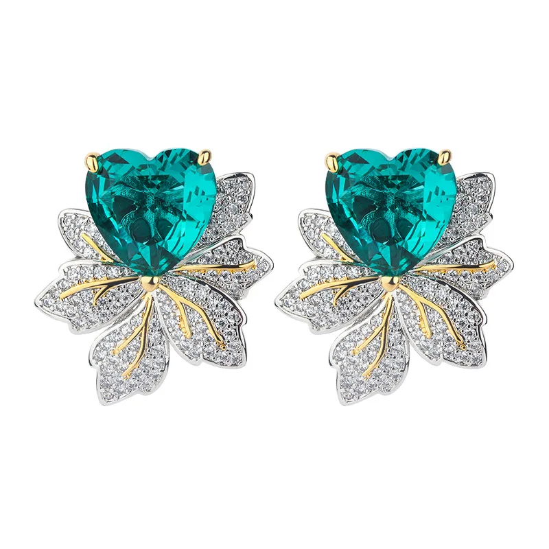 KQDANCE  Green or Pink Heart Cut Sythetic Gem Stone Leaf style Earrings with 925 Silver Needle For Women Luxury Jewelry