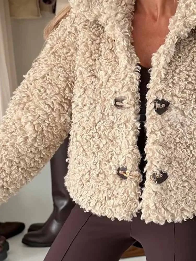 

Elegant Streetwear Warm Fleece Outerwear Casual Women's Solid Color Office Jacket Fashion Lapel Button Long Sleeved Winter Coat