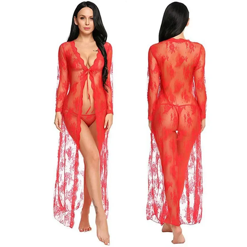 Top Fashion Women Sexy Long Dress Summer Night Dress Sleeping Dress Transparent Lace Pattern Nightgown Sleepwear Fun Underwear