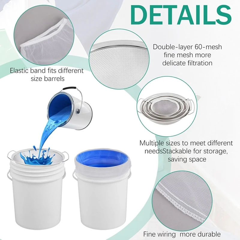 

14 Pcs Mesh Paint Strainer Combo Set with 4 Size 60 Mesh Strainer, 10 Pcs Paint Nylon White Fine Bag 5 Gallon &1 Gallon-A21R