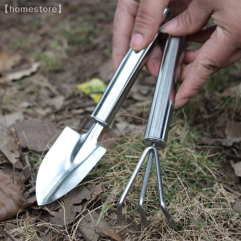 【NN】Conjunto de ferramentas manuais de jardinagem de 2 peças, conjunto de ferramentas de jardinagem de aço inoxidável, inclui ancinho de jardinagem pequeno, pá pequena