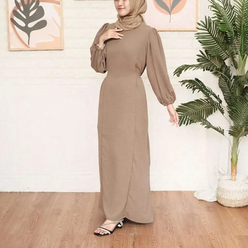 

Muslim Clothing Robe New Spring/summer Solid Color Bubble Sleeve Belt Dress Robe Abaya Ramadan Dubai Luxury Islam Elegant