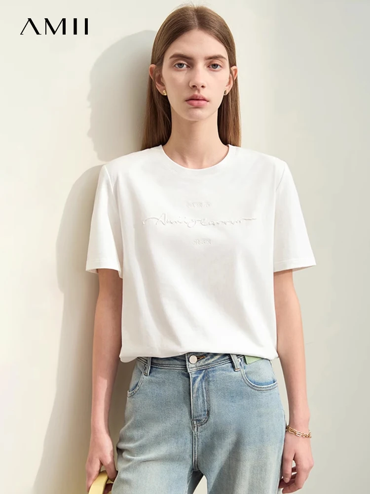 

Amii Minimalism 2024 T-shirts For Women Summer New Casual Basics Short Sleeve O-Neck Letters Embroidery Straight Tees 12422051