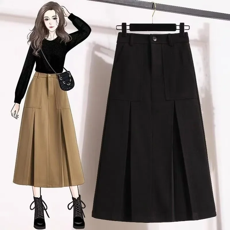 Korean Women Fashion Leisure Maxi Skirt Lady New Medium Long Styles Long Skirts Autumn Winter Femme Large Size 4XL High Waist Sk