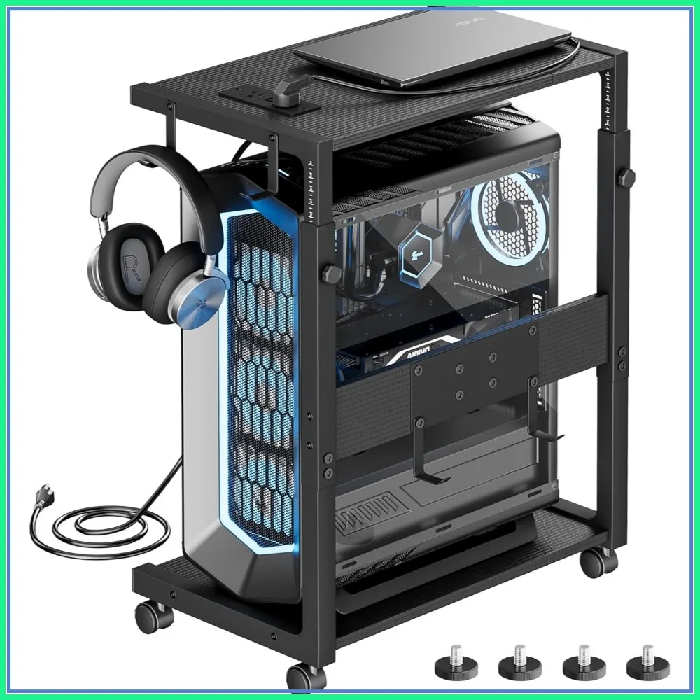 

Adjustable PC Tower Stand CPU Holder Cart with Charging Station, 23.03"-28.3" H, Black