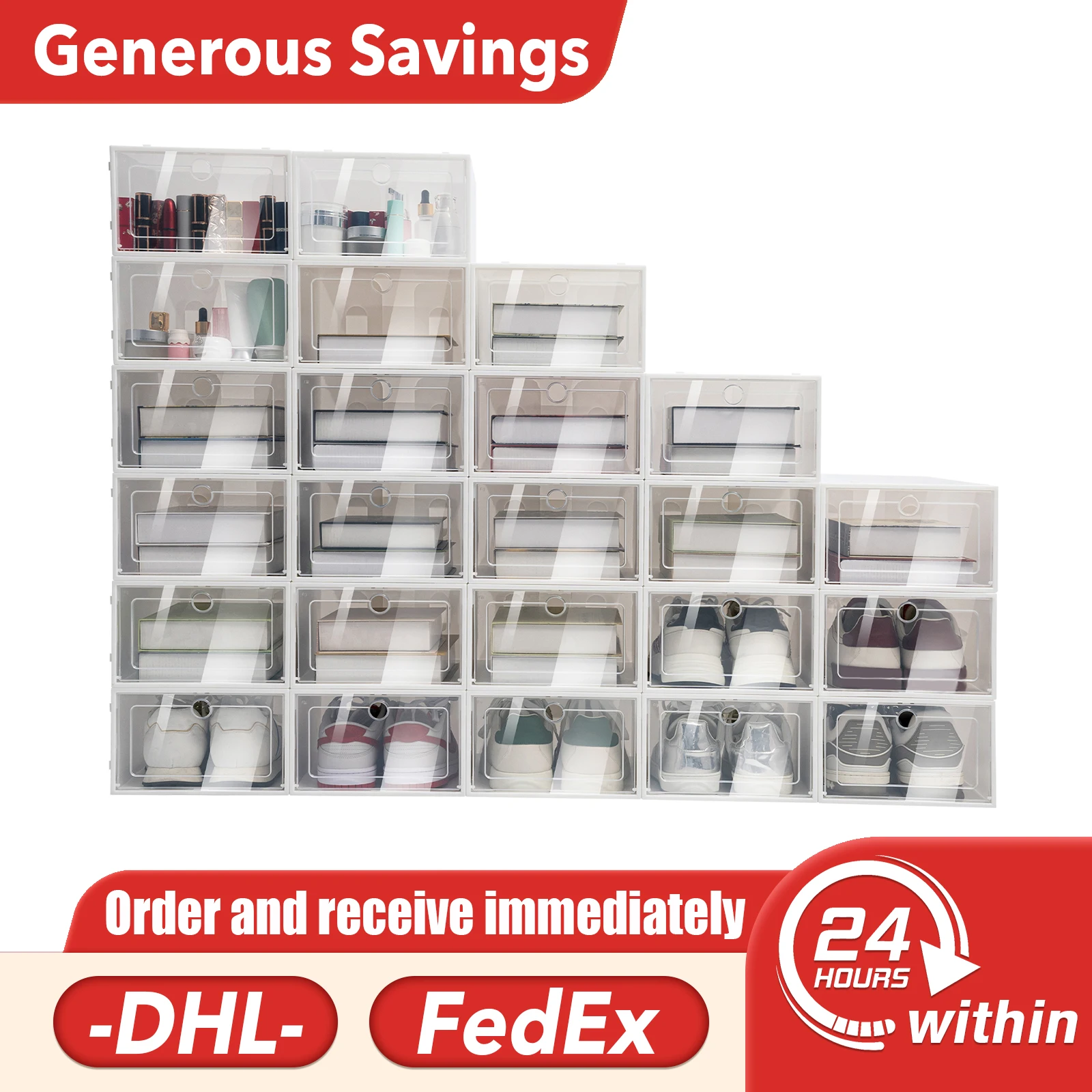 

Shoebox,24Pcs Foldable Plastic Shoe Box Stackable Storage Organizer Transparent Clear Durable PP Material