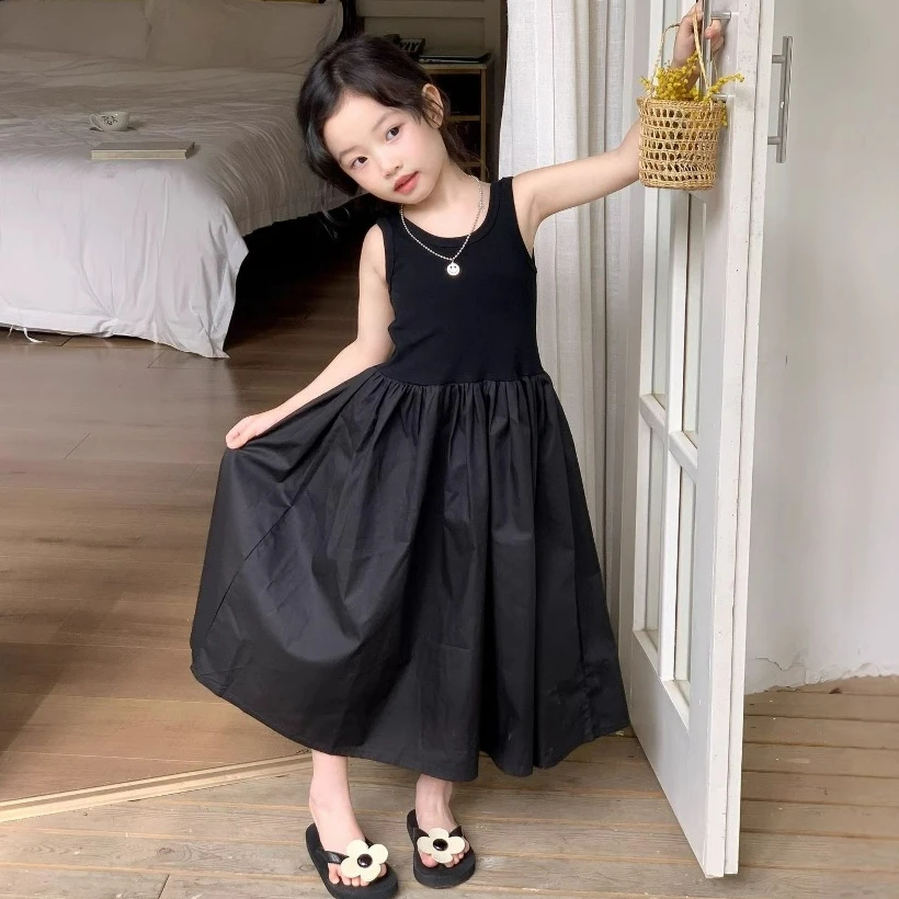 Solid Black 2025 Korean Inspired Beach Dress Girls Backless Sundress Spaghetti Strap Summer Dress for Kids Vacation Wear