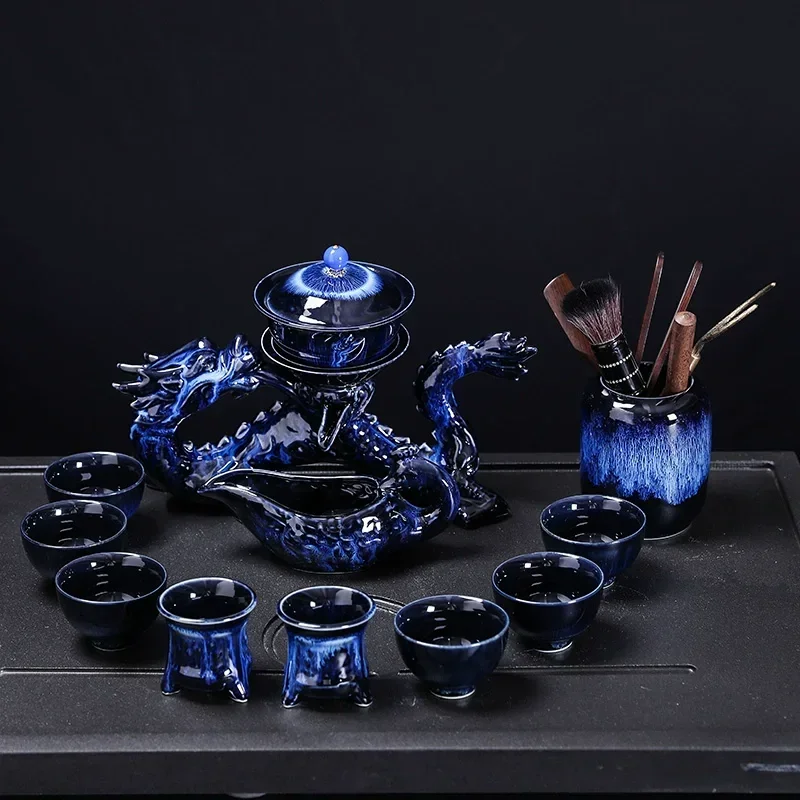 

High-End Kung Fu Travel Teapot and Tea Cup Set, Automatic Tea Set, Chinese Dragon, Bone China, Holiday Gift