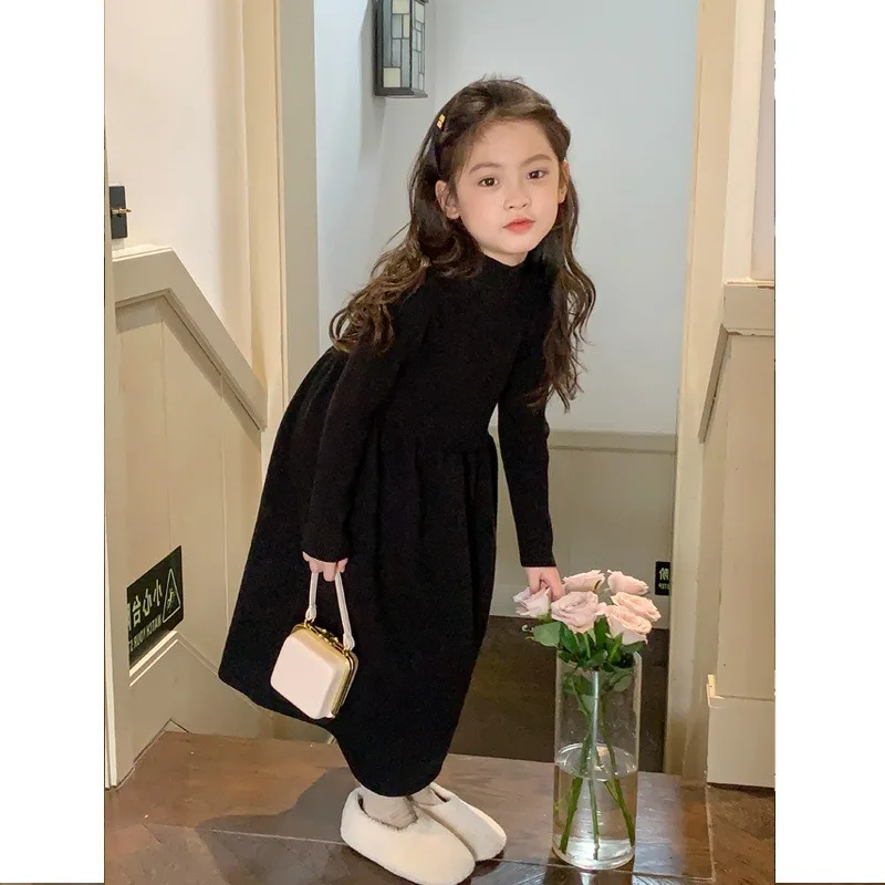 Girls\' Winter Knitted Long Sleeve Dress Solid Color Warm Fashi Casual Princess Dress Children\'s Half High Collar Versatile Dress