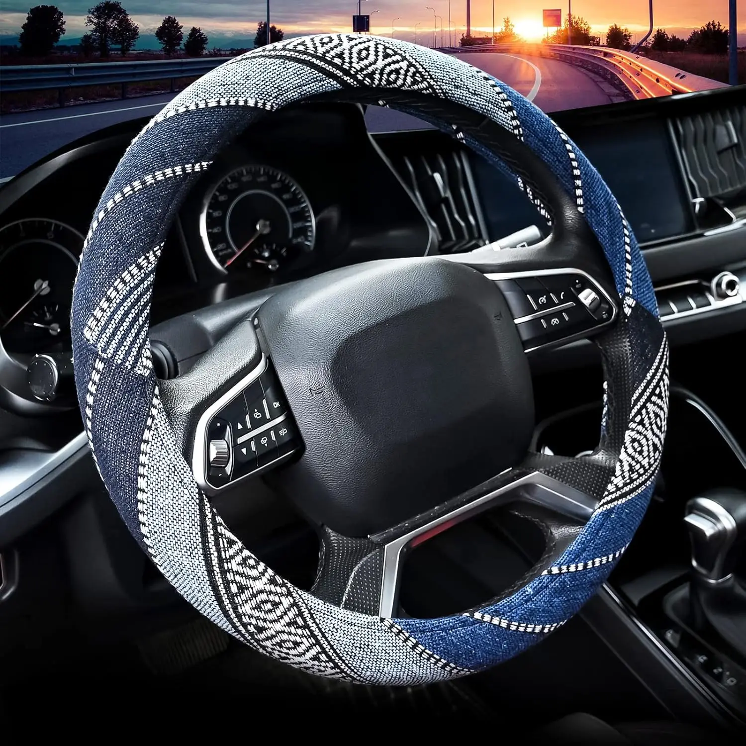 

Bohemian Blue Steering Wheel Cover for Women, Universal 15 Inch, Soft Breathable Material