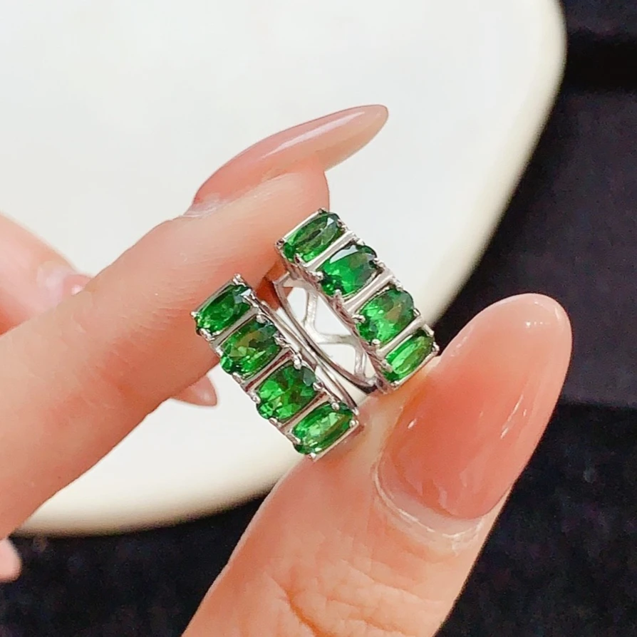 Row Set Natural Green Diopside 925 Silver Huggie Earrings with Certificate Small Hoop Style Casual Office Wear Jewelry for Lady