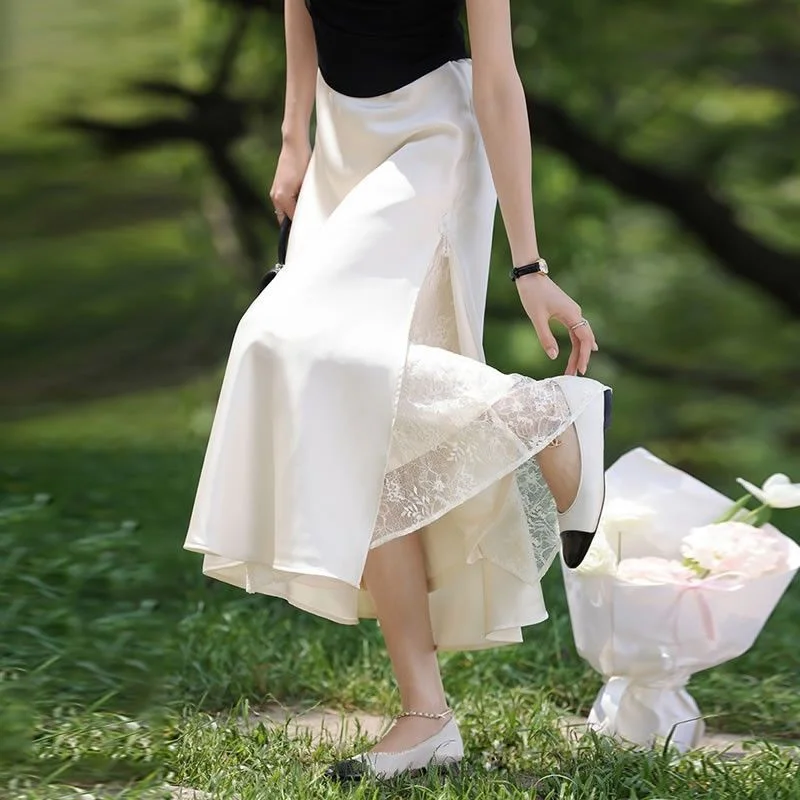 Summer Women Medium Length Lace Moonlight Skirts Female Solid Color Acetate Satin Maxi Skirt French Ladies High Waist Long Skirt