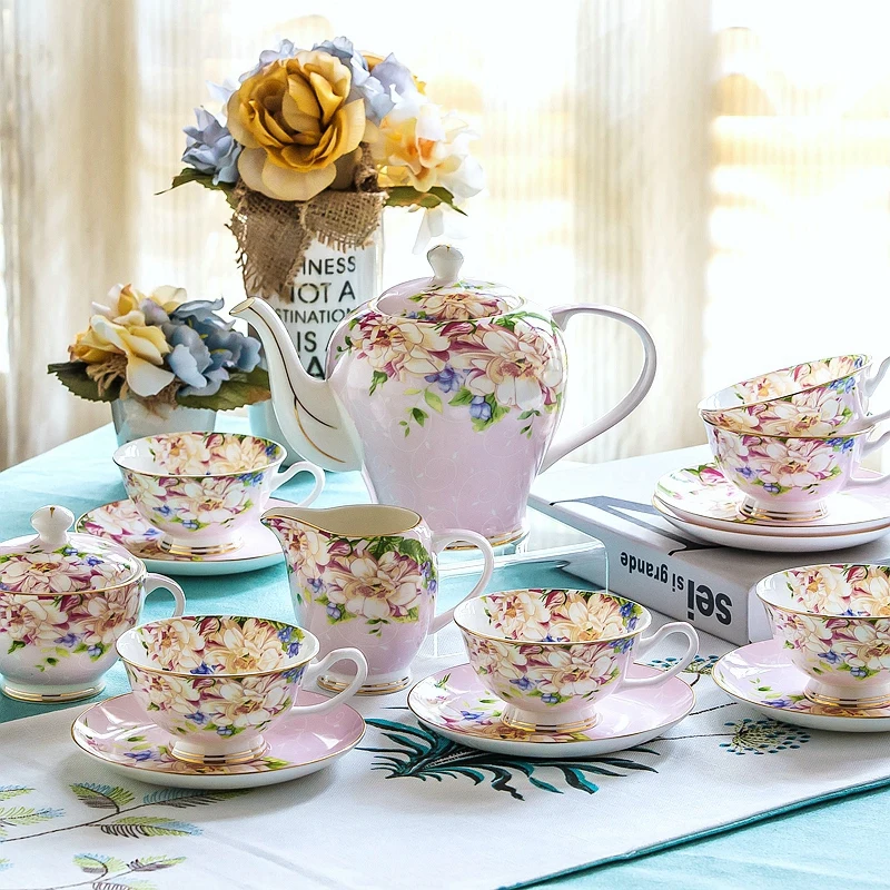 21piece-set, Delicate Bone China Coffee Cup Set, European Vintage Tea Cup, Kettle, Teapot and Saucer Set