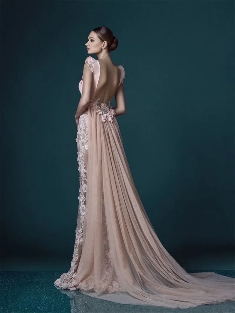 3D Flower Applique Prom Dresses With Overskirt Sexy Straps Backless Sweep Train Formal Evening Party Gown Custom Made Women Robe