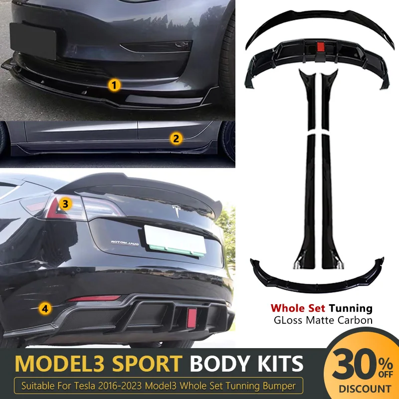 For Tesla 2016-2023 Model 3 Spoiler Rear Diffuser Front Bumper Lip Side Skirt Parts CD Body Kits toolsTunning Matte Black Carbon