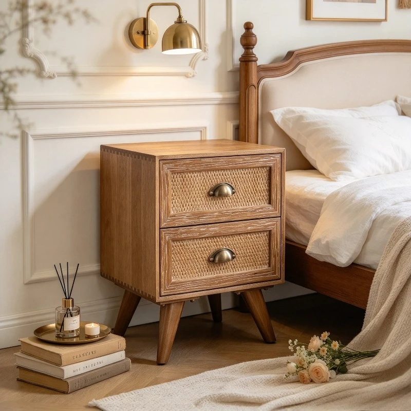 Rustic American Nightstand, Zen Solid Wood Side Table, Vintage Bedroom Cabinet, Living Room Storage Organizer Shelf for Home Use