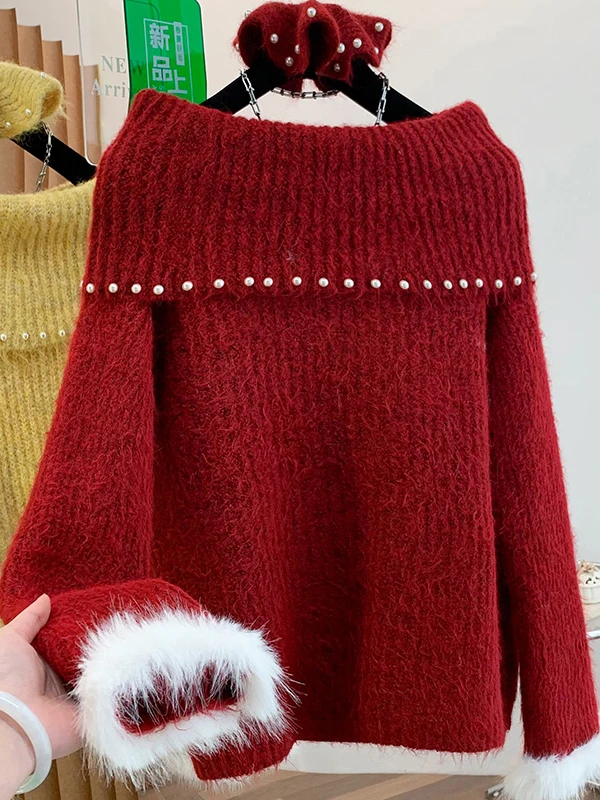 

Red One-oulder Knitted Sweater Women's Cisas New Year Winter Large Size Beautiful Top Korean Sle Loose Fit Long Sve