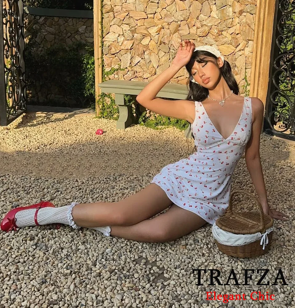 TRAFZA Sweet Printed Dress Women's Cherry Print V-Neck Waist Mini Dress New 2024 Fashion Spring Summer French Romantic Dress