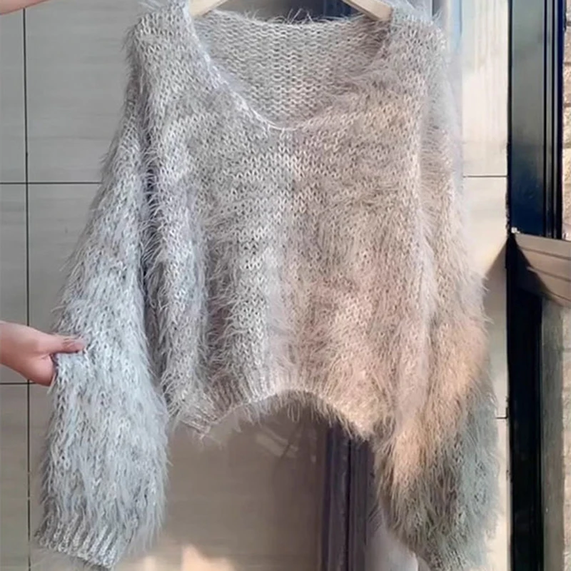 

Новый пуловер с v-образным вырезом для женщин, осень-зима, новый свитер, повседневный свободный короткий стильный вязаный свитер в западном стиле, волосатый вязаный топ