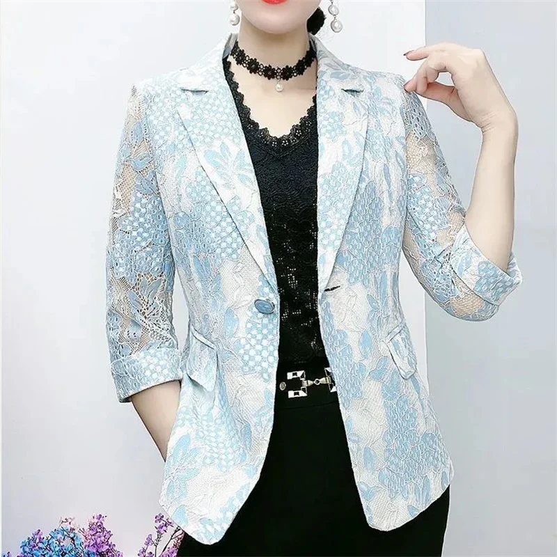 เสื้อสูทมินิสไตล์เกาหลีลูกไม้สําหรับผู้หญิงดีไซน์บาง 2025 ฤดูใบไม้ผลิและฤดูร้อนใหม่เข้าได้หลายชุดเข้ารูปพอดีตัวผู้หญิงยอดนิยม