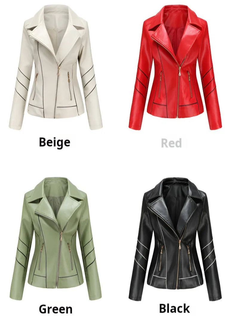 Womens Fashion Spring Lapel Collar PU Leather Jacket Zipper Slim Fit Motorcycle Biker Punk Outerwear Blazer Music Party Clubwear