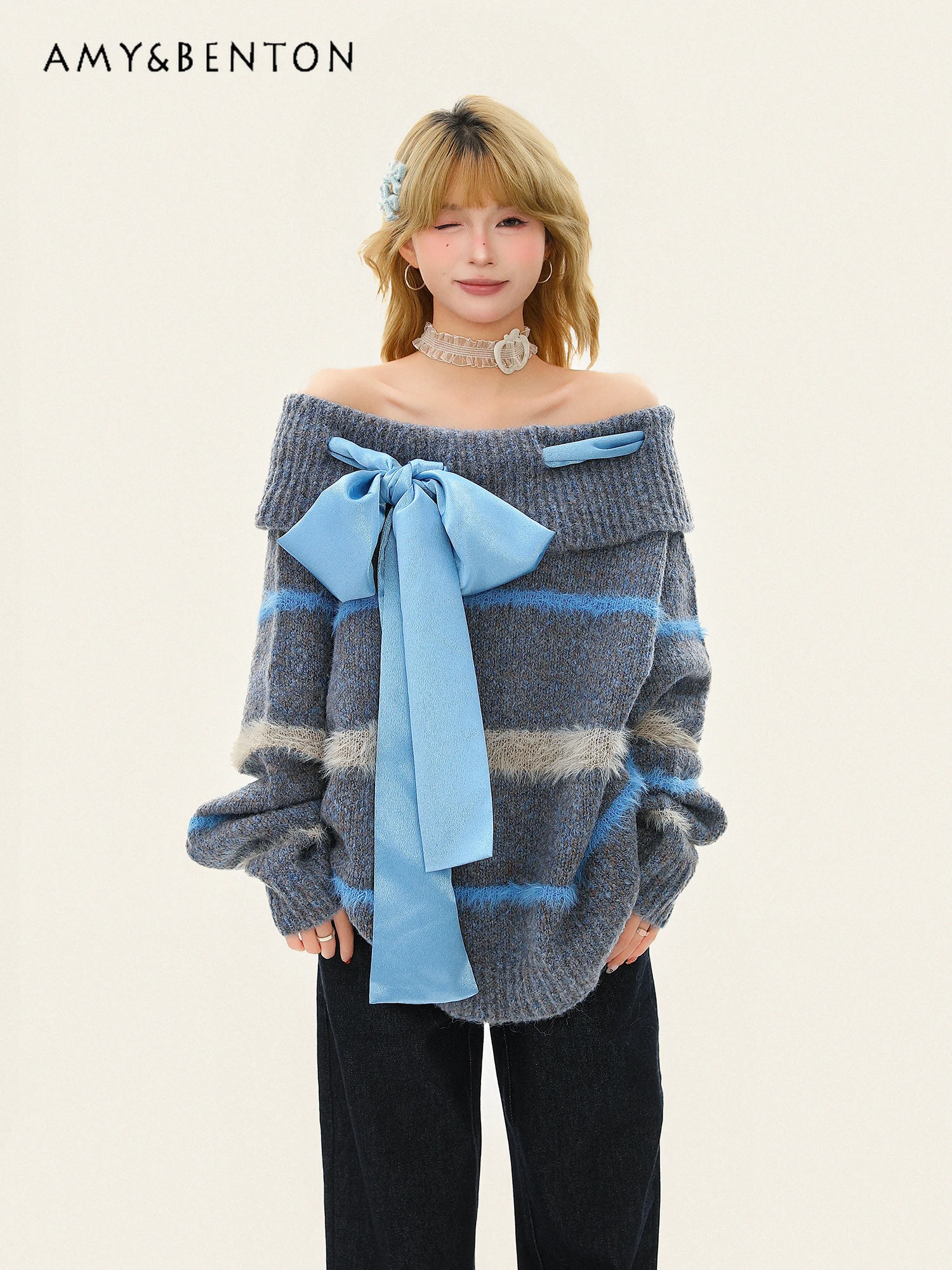 

Autumn Winter New Striped Design Bow Tie Off-Shoulder Blue Knitted Sweater Korean Style Women's Pink Loose Casual Top