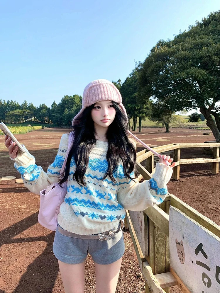 

Милый жаккардовый вязаный свитер, женский пуловер с открытыми плечами и длинными рукавами, винтажный полосатый принт, корейские джемперы в стиле Харадзюку