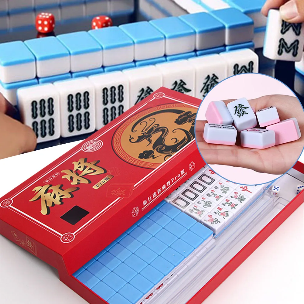 Mini Mahjong da viaggio portatile Set Mahjong da viaggio con scatola di immagazzinaggio Gioco da tavolo resistente alla caduta Giocattolo per riunioni di famiglia