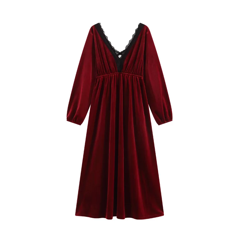 V Neck Lace Golden Velvet Nightwear Sleep Dress Women Long Sleeves Loose Nightgown Backless Home Dress Sexy Home Clothes