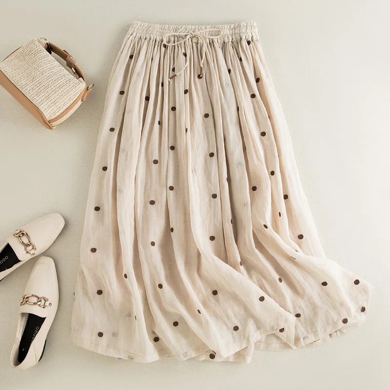High Waist A-Line Polka Dot Cotton Linen Half Skirt Women's Double Layered Swing Skirt Commute Artistic Style Midi Skirt