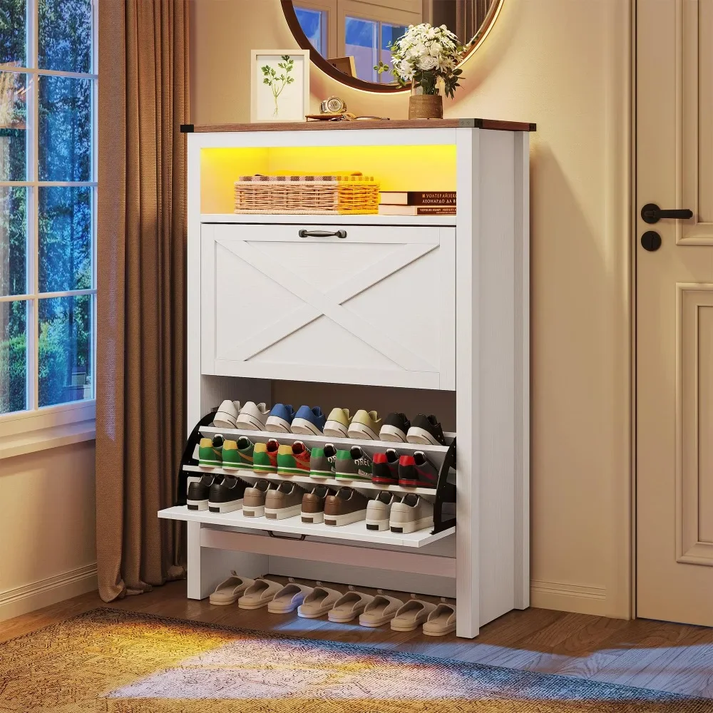 

Shoe Cabinet with 2 Flip Drawers, Entryway Shoe Storage Cabinet with Open Shelves and Led Light, Free Standing Hidden Shoe Rack