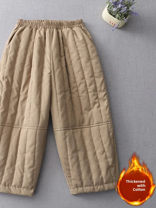 الخريف الشتاء Thiened سراويل قطنية عالية الخصر مرونة الخصر المرقعة بنطال ذو قصة أرجل واسعة خمر Sle المرأة حجم كبير بنطلون
