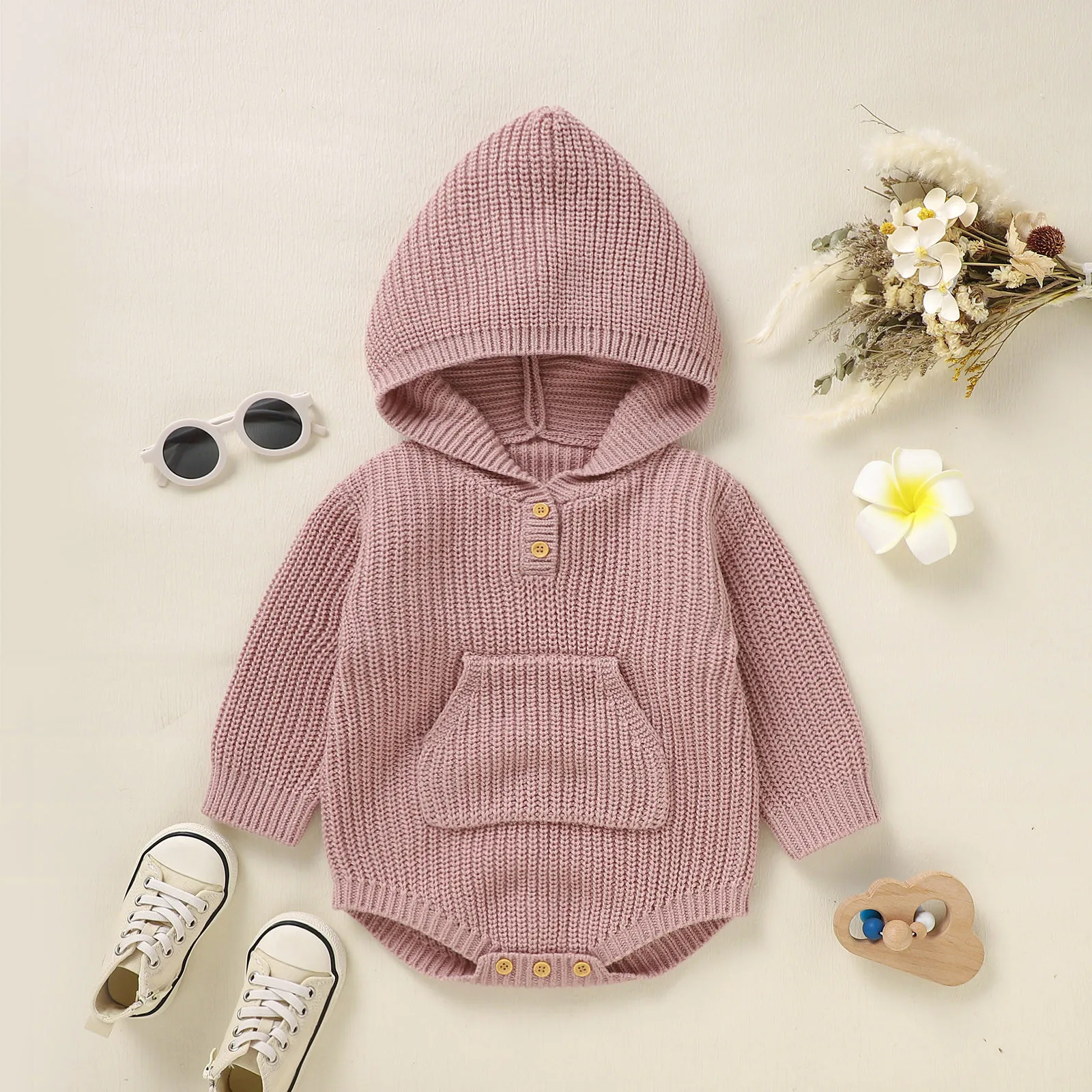 Baby Boy Clothes Autumn Newborn Infant Baby Girl Boy Solid Knit Sweater Hooded Romper Bodysuit Sweatshirt With Pocket Long