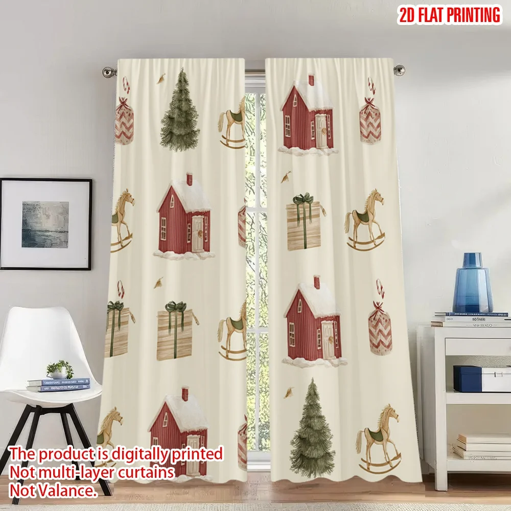 

2pcs 2D flat printing Christmas Party Curtains Christmas Holiday Gift Bauble Tree Digital Printed Polyester Drapes Festive