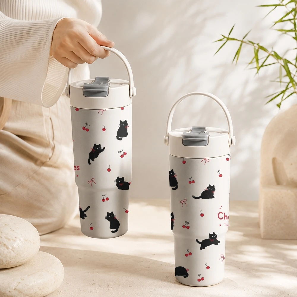 

Cute Colorful Cat Vacuum Flasks 700ml Large Capacity Ceramic Inner Vacuum Cup With Tea Filter & Hidden Straw