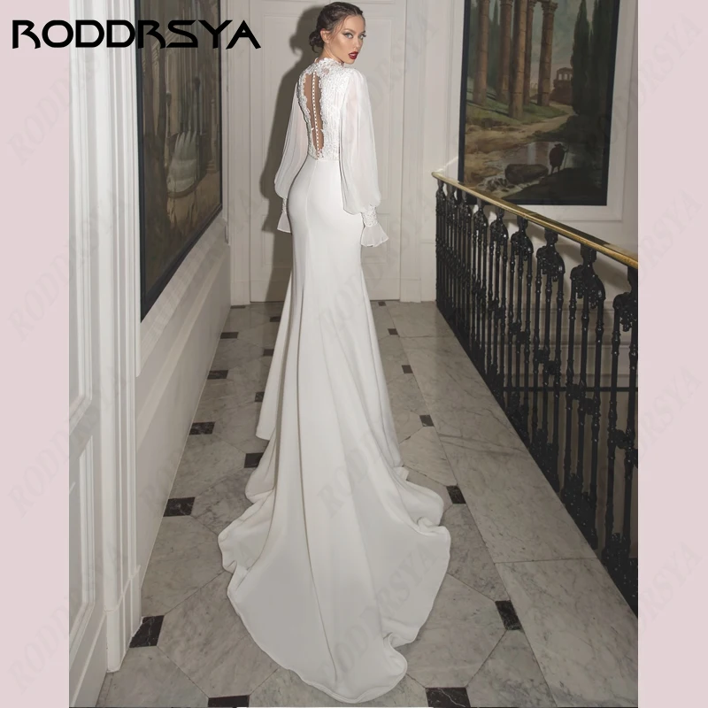 RODDRSYA Mermaid Wedding Dress Illusion Backless Button Vestido De Novia Boho Lace Appliques Bridal Party Long Sleeve Soft Satin