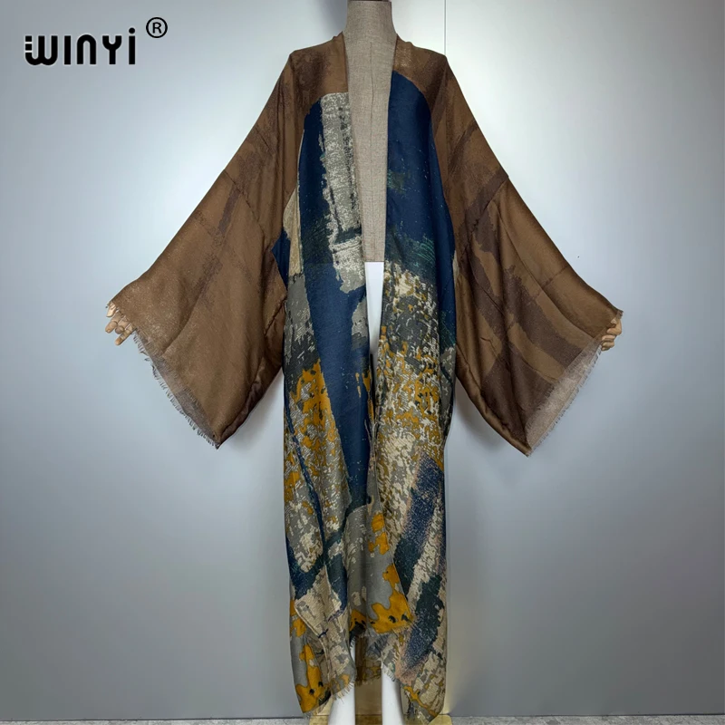 WINYI kimono Cardigan con stampa a olio Bikini Cover-up abiti da spiaggia per donna abito in cotone con sensazione caftano musulmano abaya dubai lusso