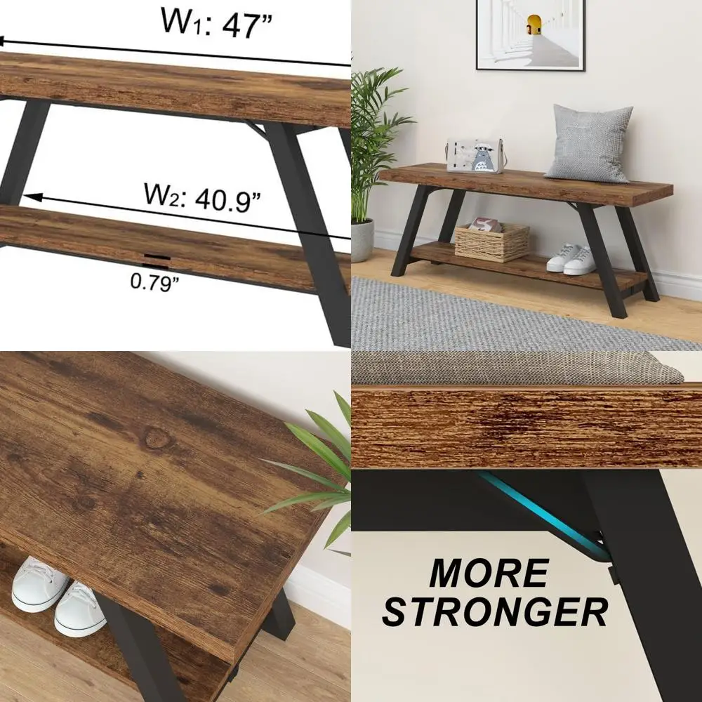 Rustic Wooden Metal Shoe Rack Bench for Entryway, Hallway, and Living Room - Industrial Storage, Bedroom, Accent, 47in Long